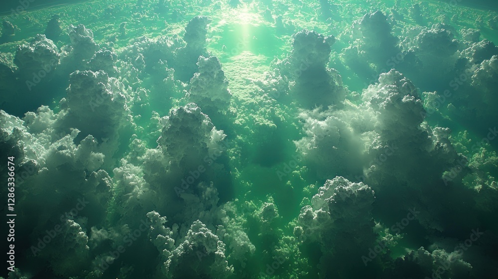 Fototapeta premium Aerial View of Green Clouds with Sunbeam - Serene Sky Scene