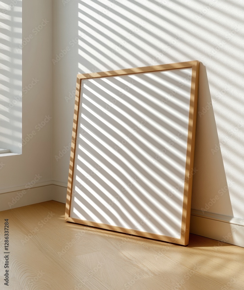 Empty square wooden frame leaning against a white wall, sunlight casting diagonal shadows from blinds onto light wood floor. Minimalist, clean