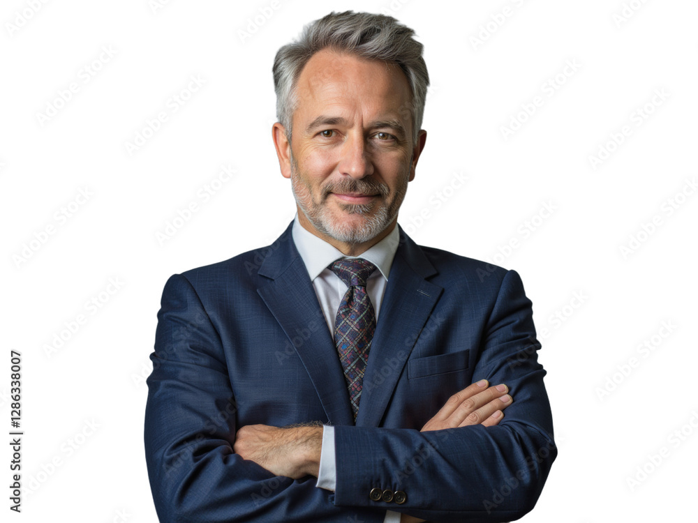A middle-aged man in a suit with transparent hair looking directly at the camera, with his arms crossed against a transparent background A middle-aged man in a suit with transparent hair looking directly at the camera, with his arms crossed against a transparent background