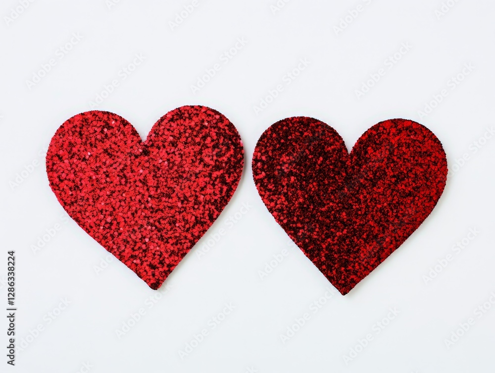 Two red glittery hearts placed side by side against a plain white background symbolizing unity love and emotional connection in a minimalist high resolution romantic composition Two red glittery hearts placed side by side against a plain white background symbolizing unity love and emotional connection in a minimalist high resolution romantic composition