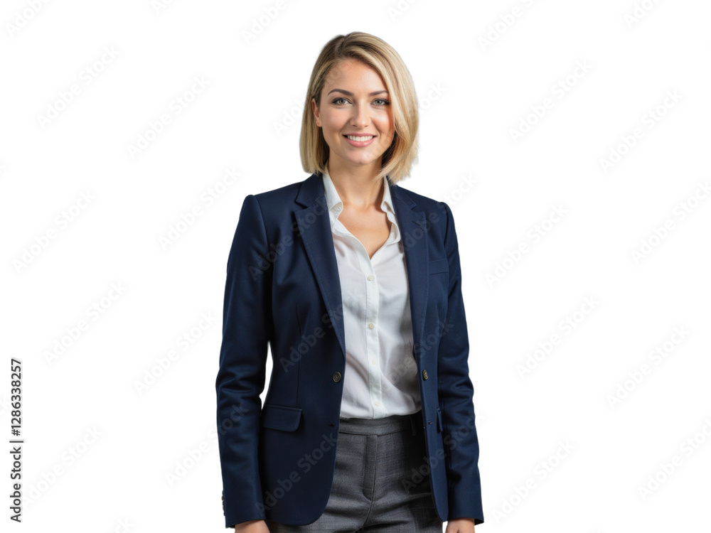 A professional woman wearing a business suit stands against a transparent background A professional woman wearing a business suit stands against a transparent background