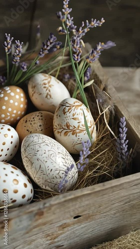 Rustic easter basket with handpainted eggs and lavender arrangements