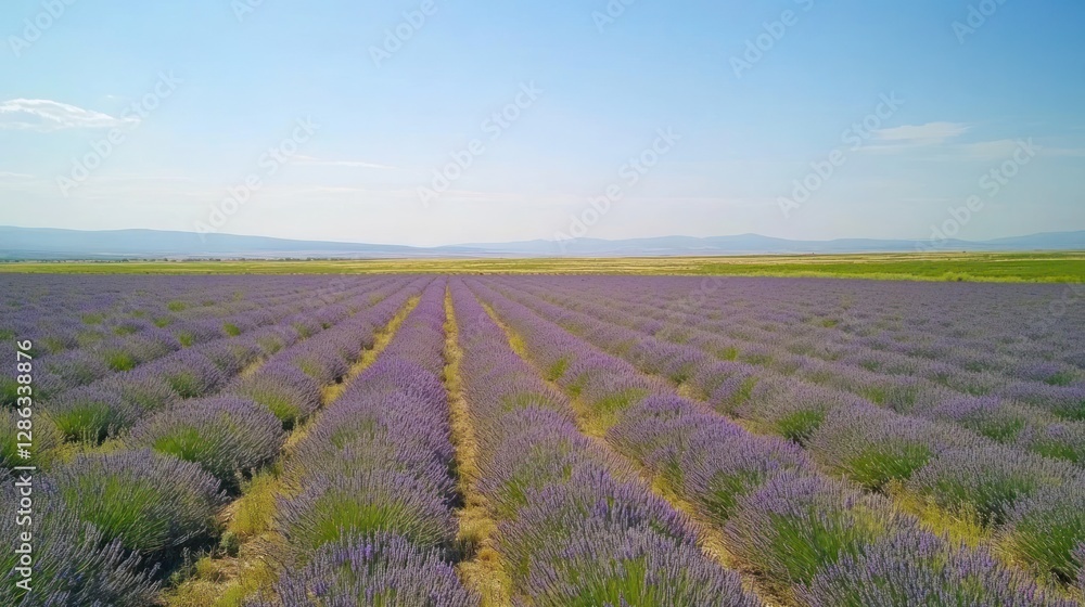 Aerial view of a vast lavender field under a clear sky. Rows of purple lavender plants stretch to the horizon, creating a beautiful and tranquil scene. Aerial view of a vast lavender field under a clear sky. Rows of purple lavender plants stretch to the horizon, creating a beautiful and tranquil scene.