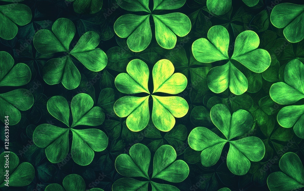 Neon clover patterns arranged in symmetry on dark green for Saint Patricks Day Neon clover patterns arranged in symmetry on dark green for Saint Patricks Day