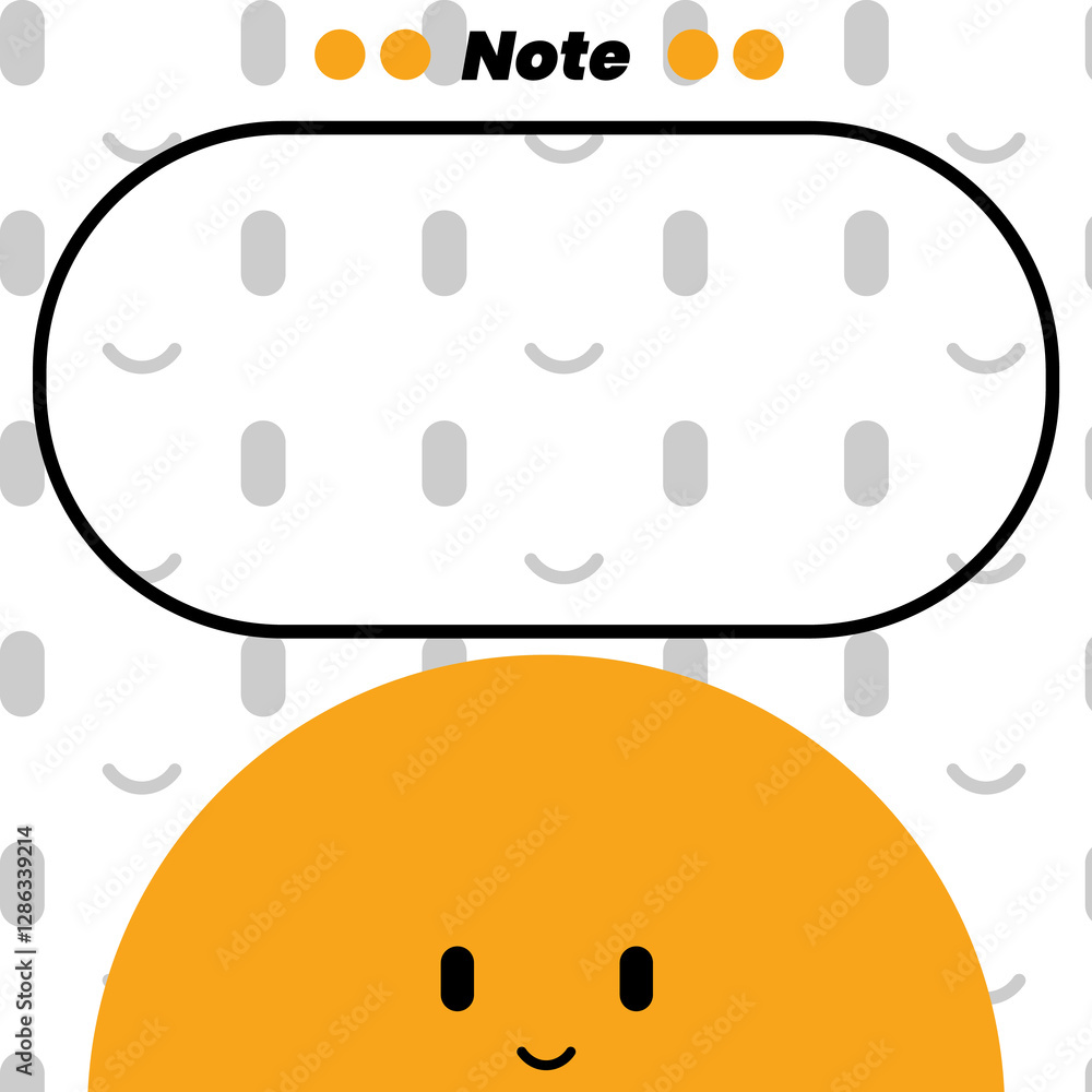 Obraz premium Note design features a cheerful, smiling orange character at the bottom, surrounded by a light, patterned background of gray smiley faces.