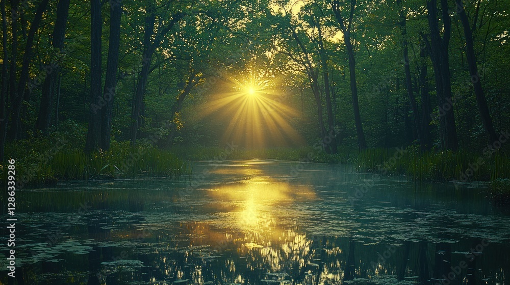 Obraz premium Sunlight Through Forest Trees Reflected in Calm Water at Sunset