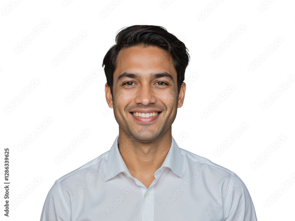 A man wearing a white button-up shirt stands against a transparent background A man wearing a white button-up shirt stands against a transparent background