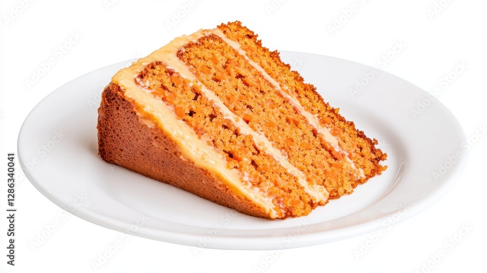 A slice of delicious carrot cake with cream cheese frosting is presented on a white plate against a bright background. The cake layers are clearly A slice of delicious carrot cake with cream cheese frosting is presented on a white plate against a bright background. The cake layers are clearly