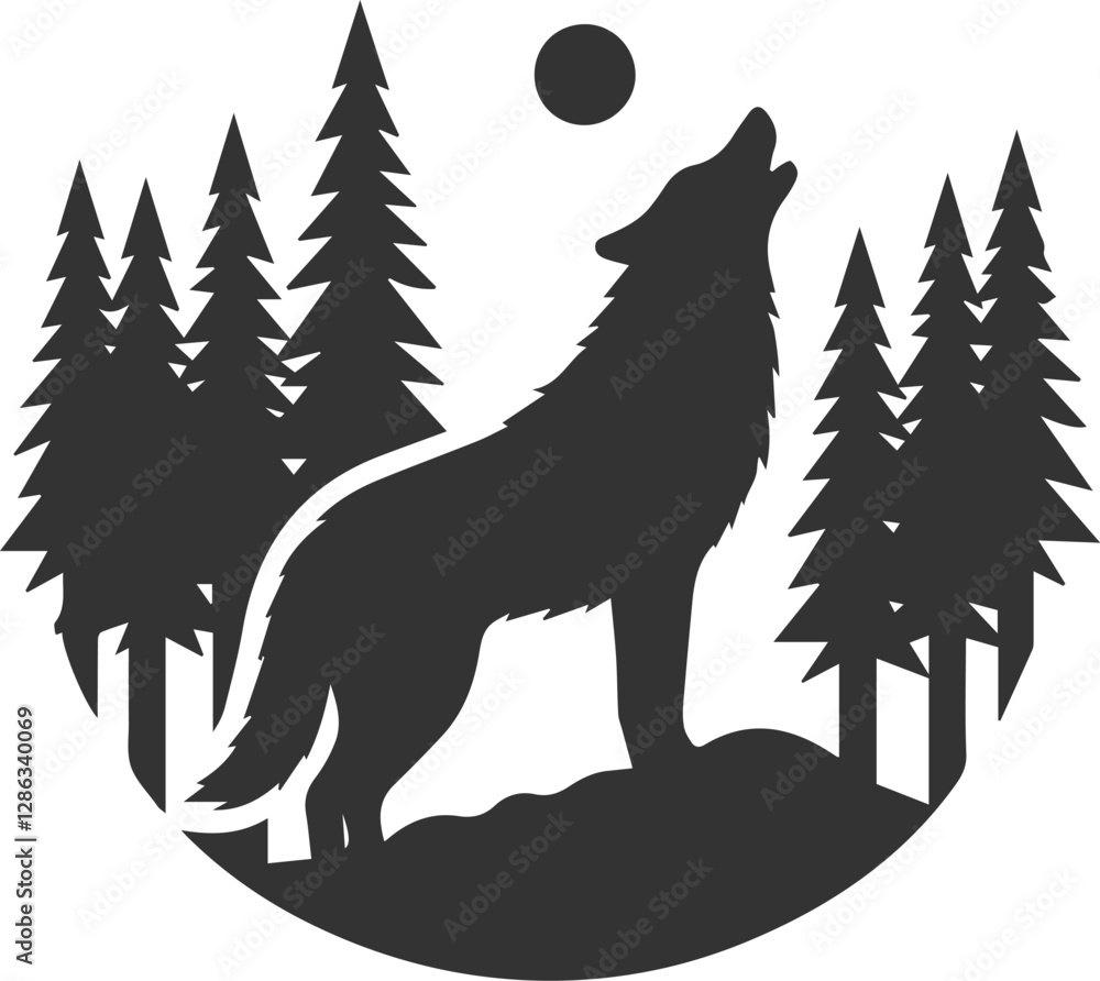 A wolf howling while sitting inside a dense forest animal vector silhouette A wolf howling while sitting inside a dense forest animal vector silhouette