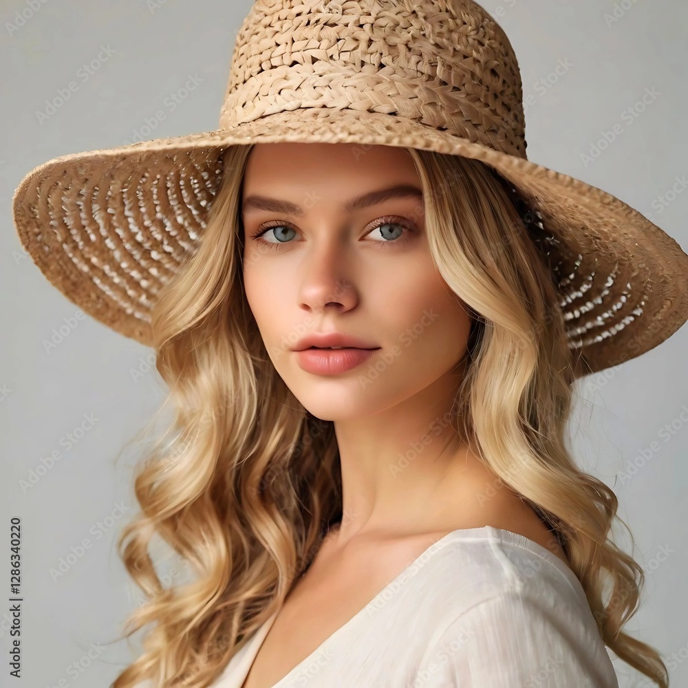 beautiful female model with long hair wearing a rattan hat