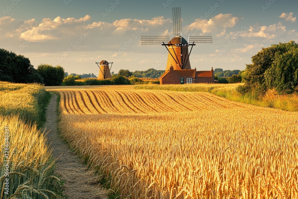 Fototapeta premium Picturesque Dutch countryside featuring traditional windmills standing tall amidst golden wheat fields, bathed in the warm light of a summer evening at sunset.