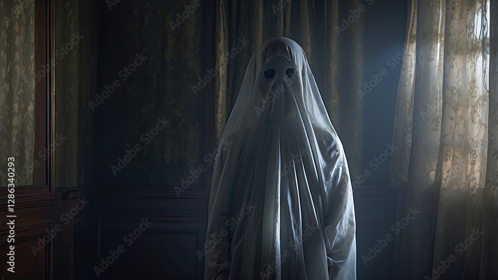 A dimly lit bedroom scene featuring a young boy sitting on a bed, staring in awe at a ghostly figure behind sheer curtains. A dimly lit bedroom scene featuring a young boy sitting on a bed, staring in awe at a ghostly figure behind sheer curtains.