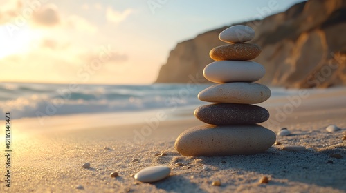 a serene image of precariously stacked stones on a beach during a sunset with warm colors reflecting in the calm ocean waves surrounding them 