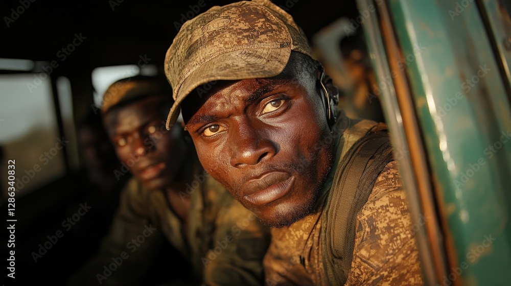 In this powerful image, soldiers within a military vehicle gaze determinedly into the distance, embodying a sense of vigilance and the intensity of their experiences. In this powerful image, soldiers within a military vehicle gaze determinedly into the distance, embodying a sense of vigilance and the intensity of their experiences.