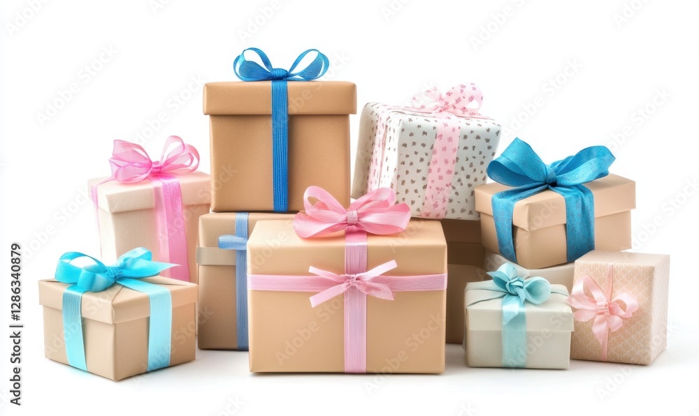 Obraz premium Colorful gift boxes with ribbons on white for celebrations