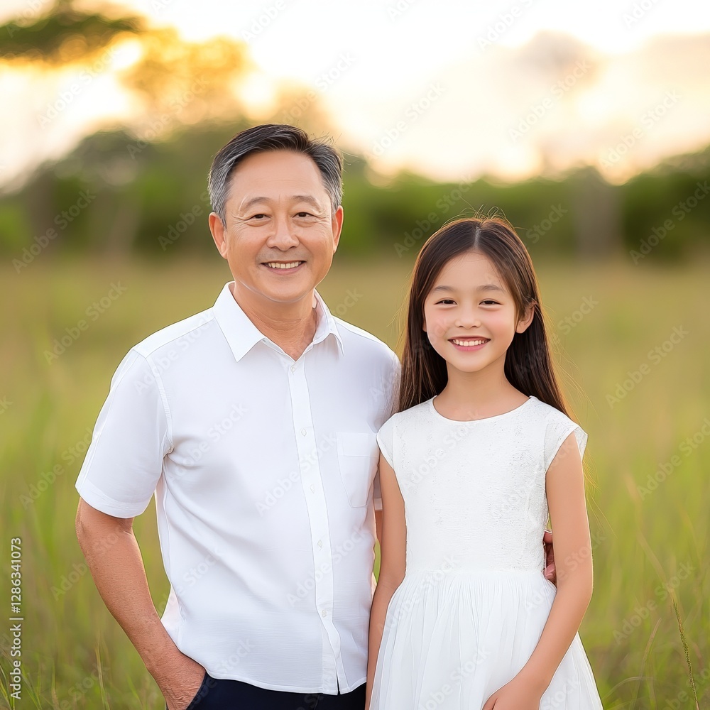 Father and daughter in scenic outdoor field at sunset wearing white outfits sharing joyful bonding moment warm golden light soft focus family love captured in tender stock photography image Father and daughter in scenic outdoor field at sunset wearing white outfits sharing joyful bonding moment warm golden light soft focus family love captured in tender stock photography image