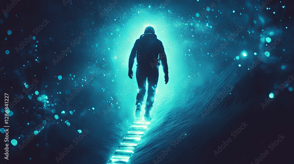 Astronaut Ascending Luminous Steps In Snowy Night Astronaut Ascending Luminous Steps In Snowy Night