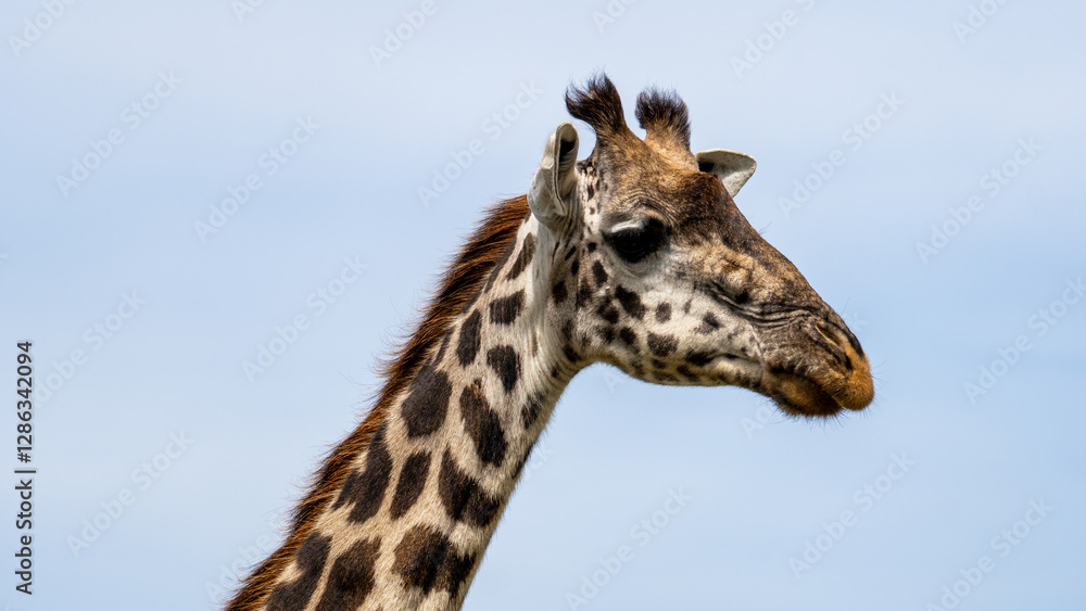 A Majestic Giraffe Standing Gracefully in Its Natural Habitat Underneath a Clear Blue Sky Serengeti Tanzania Africa A Majestic Giraffe Standing Gracefully in Its Natural Habitat Underneath a Clear Blue Sky Serengeti Tanzania Africa
