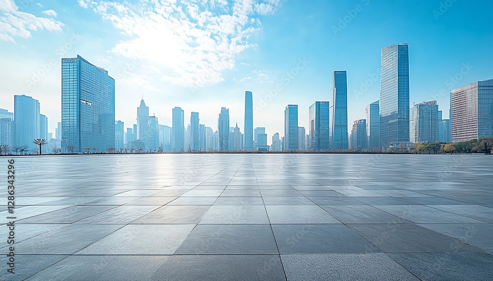 Empty square in the heart of a vibrant city, panoramic skyline in the background, contemporary buildings, bright sky, open space for design or text, highresolution image Empty square in the heart of a vibrant city, panoramic skyline in the background, contemporary buildings, bright sky, open space for design or text, highresolution image