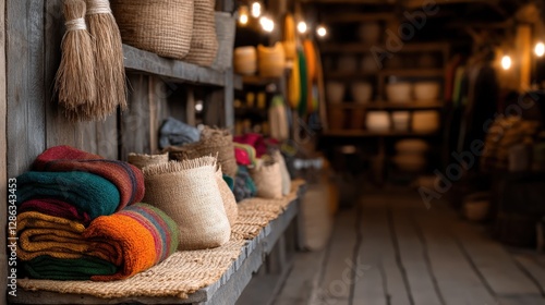 A vibrant assortment of artisan textiles and handmade crafts fills a rustic shop, inviting visitors to explore the beauty of craftsmanship and cultural heritage in a warm setting.