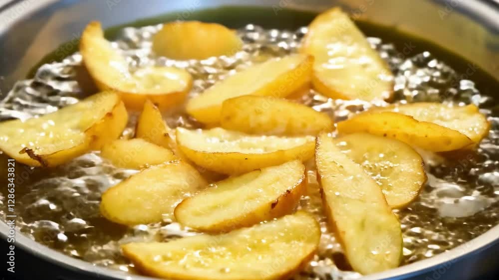Home cooking demonstrates the process of frying fresh potato slices in olive oil, enhanced with herbs, creating a crispy and flavorful dish during the day. Home cooking demonstrates the process of frying fresh potato slices in olive oil, enhanced with herbs, creating a crispy and flavorful dish during the day.