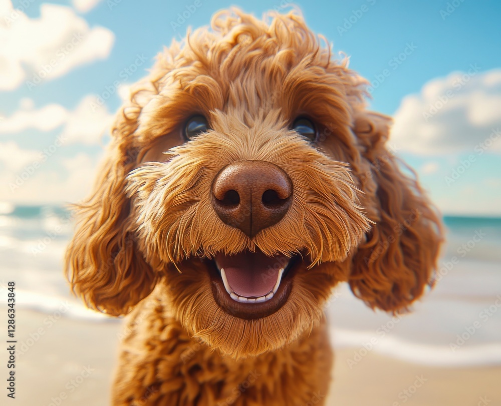 A close-up shot of an adorable brown cavapoo dog, with its head tilted and mouth open as if it's speaking or showing love to the camera. A close-up shot of an adorable brown cavapoo dog, with its head tilted and mouth open as if it's speaking or showing love to the camera.