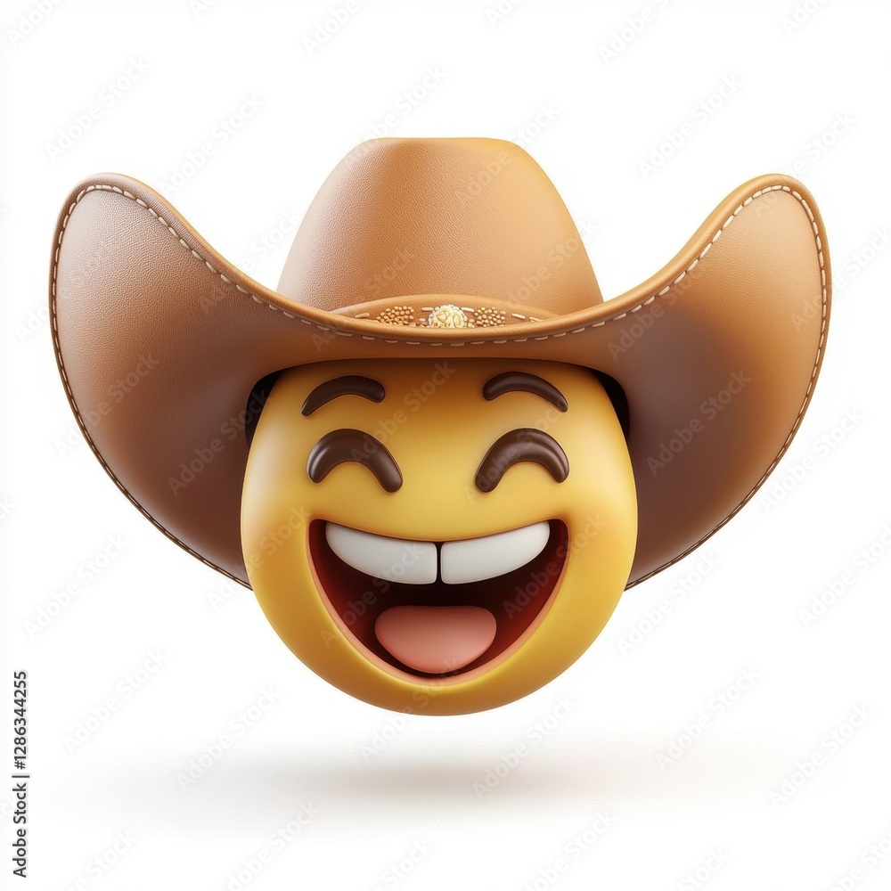 Cowboy emoji with a wide-brimmed hat and playful smile isolated on white background Cowboy emoji with a wide-brimmed hat and playful smile isolated on white background