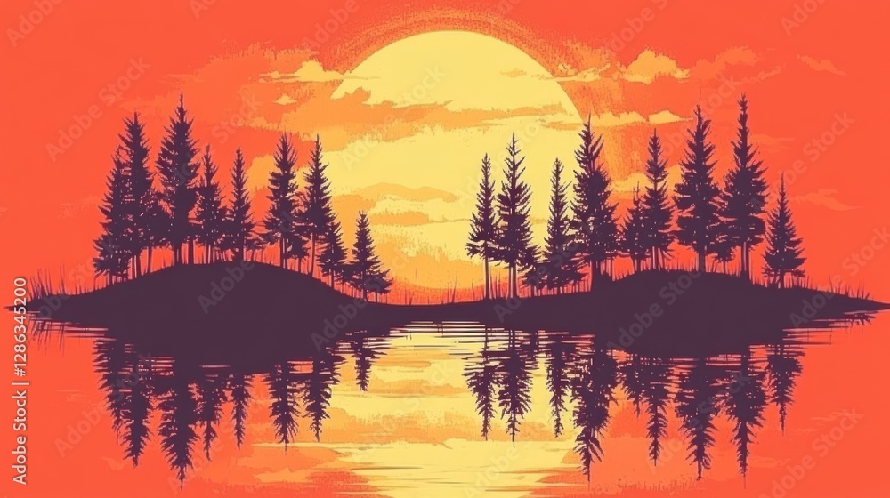 Obraz premium Sunset Over Forest Lake with Tree Silhouettes and Water Reflection