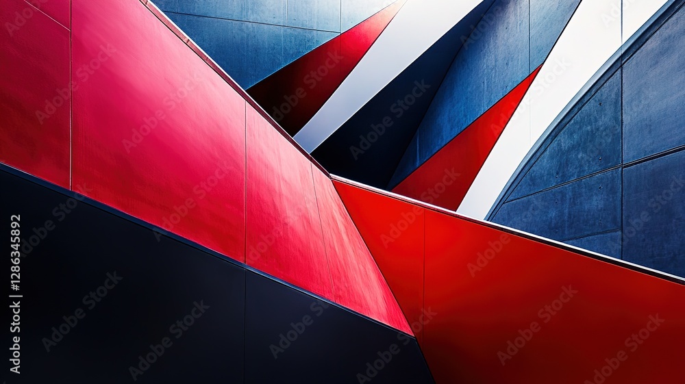 Fototapeta premium A modern abstract composition featuring precise red and blue triangles, sleek black curves that flow seamlessly, and splashes of white adding texture and contrast.
