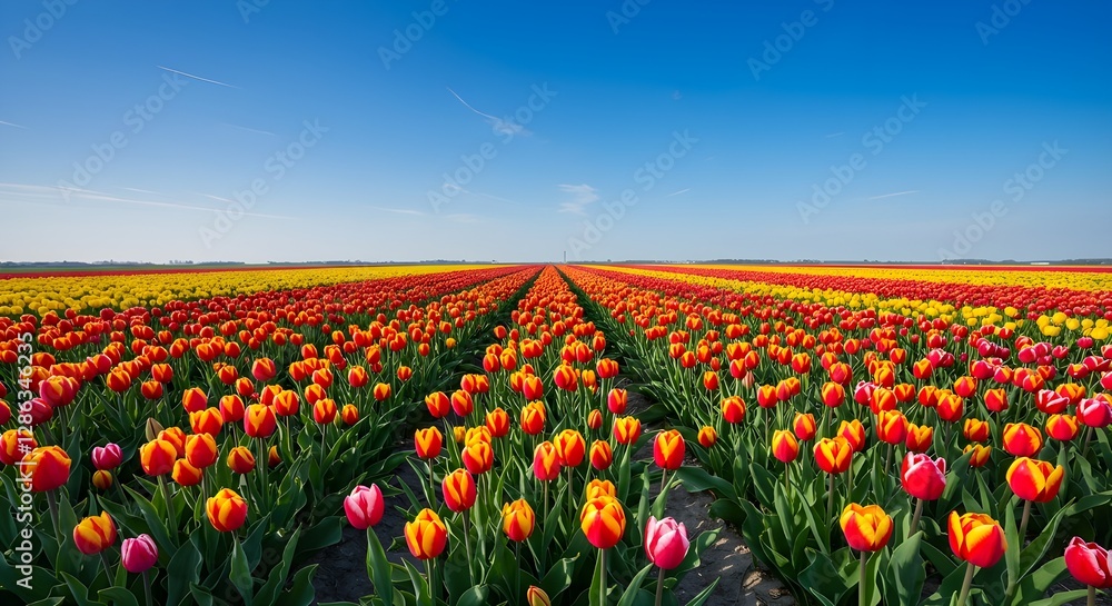 Vibrante campo de tulipanes bajo un cielo azul claro Vibrante campo de tulipanes bajo un cielo azul claro