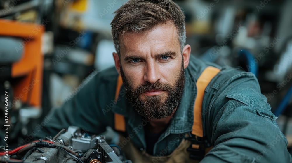 An intense portrait of a focused mechanic examining an engine in a workshop setting, showcasing dedication and skill in the world of automotive repair and maintenance. An intense portrait of a focused mechanic examining an engine in a workshop setting, showcasing dedication and skill in the world of automotive repair and maintenance.