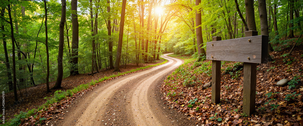 Curved dirt path through lush forest at sunset, nature's tranquility Curved dirt path through lush forest at sunset, nature's tranquility
