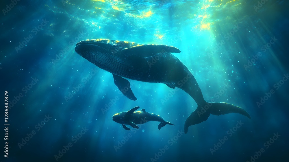 Naklejka premium Majestic Humpback Whales Swimming in Tranquil Ocean Depths