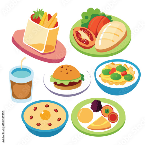 Colorful Flat Lay Illustration of Various Food Items on Plates