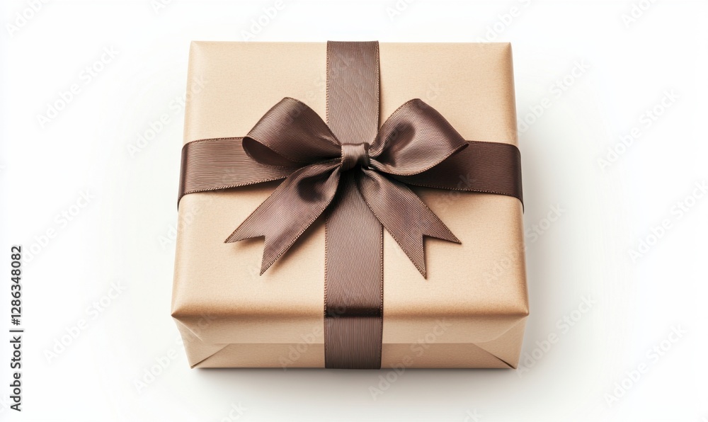 Gold gift box with brown ribbon on white background for celebrations Gold gift box with brown ribbon on white background for celebrations