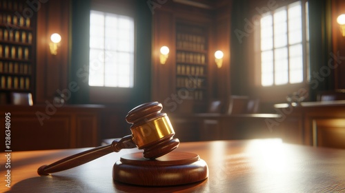 A courtroom scene with a wooden gavel in the foreground and blurred legal books in the background