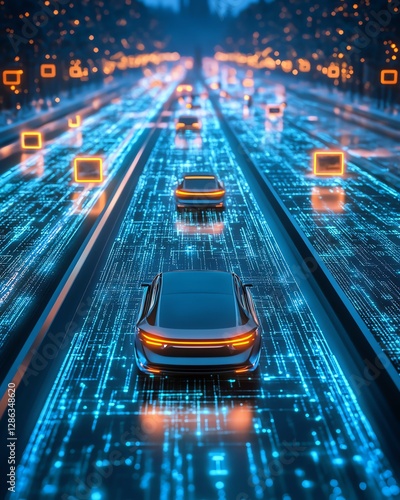 Futuristic cars on digital road at night.