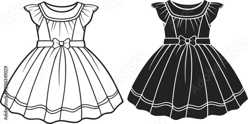 Girls Empire Babydoll Dress design with smocking chest details flat sketch fashion illustration drawing