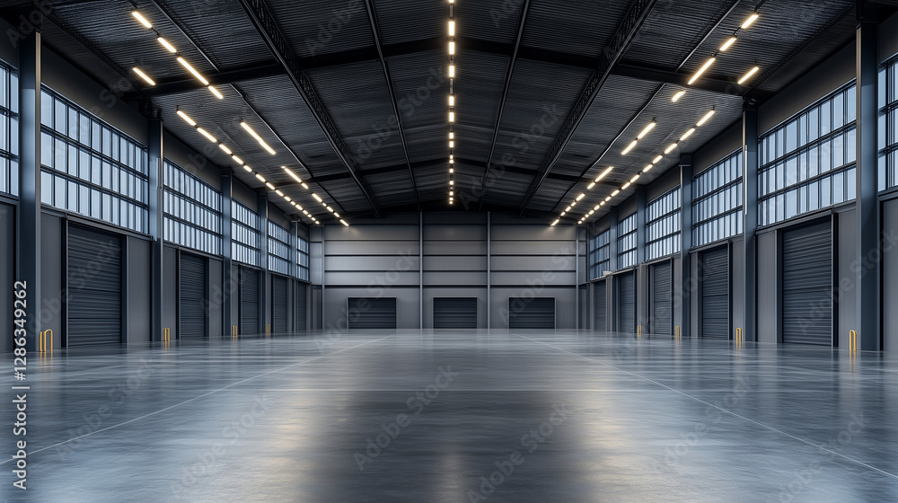 Modern spacious industrial warehouse interior with large windows loading docks and polished Modern spacious industrial warehouse interior with large windows loading docks and polished