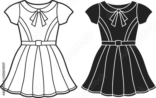 Girls Empire Babydoll Dress design with smocking chest details flat sketch fashion illustration drawing