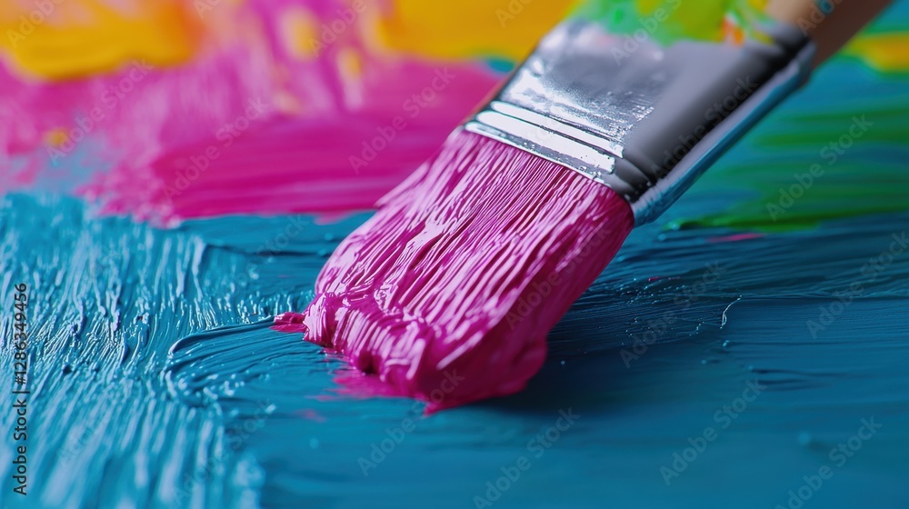Fototapeta premium Close up of paintbrush applying vibrant pink paint onto a teal canvas, colorful background, artistic process