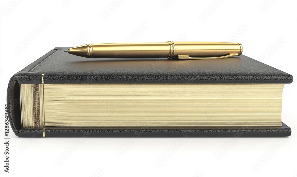 Gold pen on closed black leather journal, blank background, for business or writing themes Gold pen on closed black leather journal, blank background, for business or writing themes