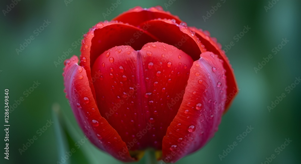 Primer plano de un tulipán cubierto de rocío bajo la suave luz de la mañana Primer plano de un tulipán cubierto de rocío bajo la suave luz de la mañana