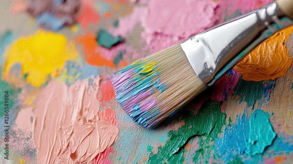 Fototapeta premium Close up of paintbrush on a palette with vibrant, multicolored oil paints. The bristles show traces of pink, blue, and yellow paint. The palette has