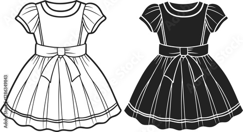 Girls Empire Babydoll Dress design with smocking chest details flat sketch fashion illustration drawing