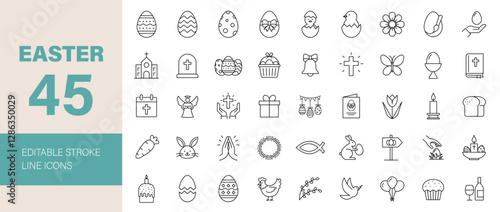 Easter line Editable Icons set. Vector illustration for web and mobile app. Christianity related icons: Spring, holidays, Christ, God, church, decoration, Religion, Easter eggs, Bible, dove and more.