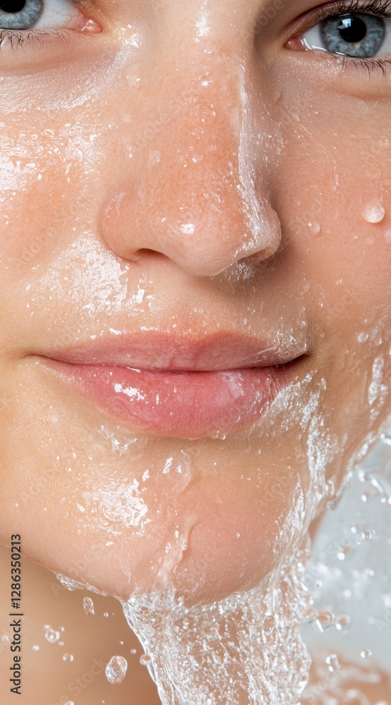 Fototapeta premium Close up of a young woman's face with water splashing, showcasing healthy skin and a gentle smile. Soft lighting enhances the fresh, clean look. The