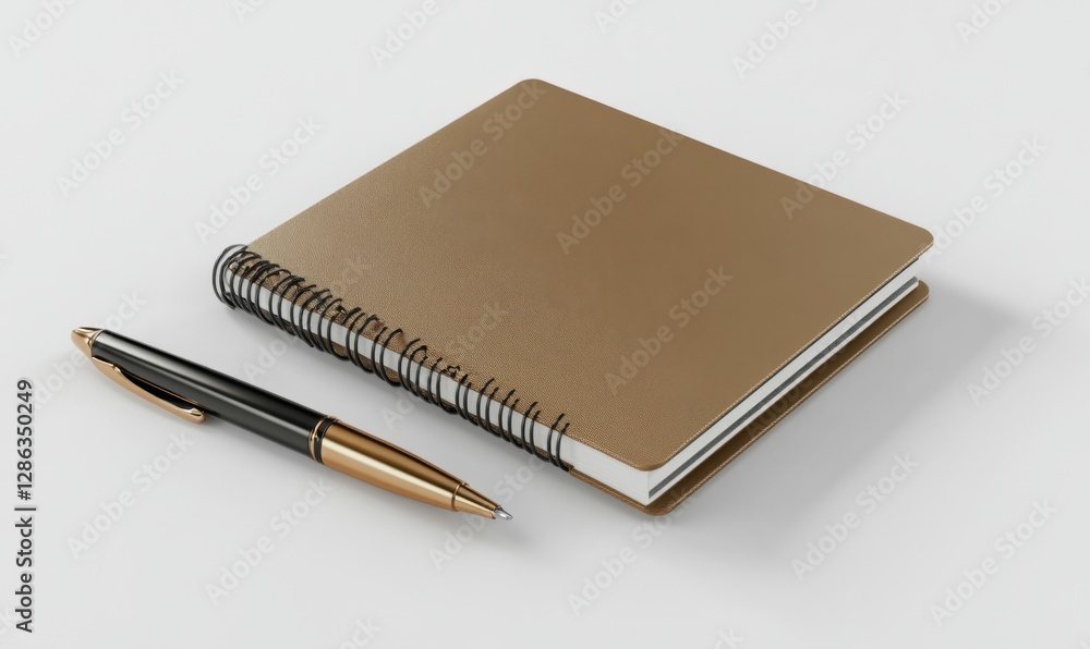 Gold spiral notebook and pen on white for notes, lists, or journaling Gold spiral notebook and pen on white for notes, lists, or journaling