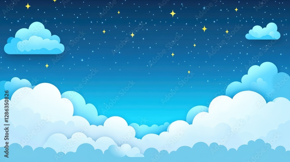 A soft and dreamy night sky illustration in tranquil blue hues, featuring fluffy drifting clouds and glowing stars in a surreal atmosphere A soft and dreamy night sky illustration in tranquil blue hues, featuring fluffy drifting clouds and glowing stars in a surreal atmosphere