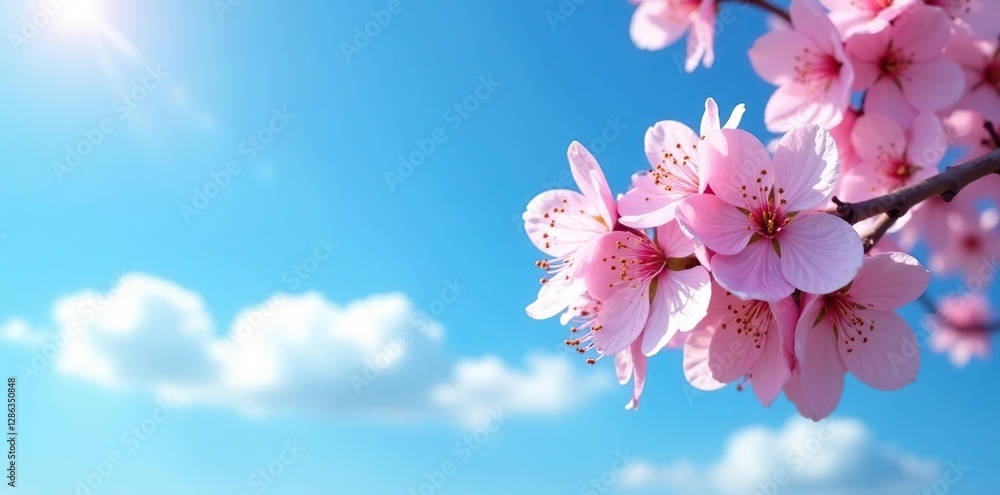Fototapeta premium Cherry blossom branch against a bright clear blue sky with fluffy white clouds, blue sky, nature, petals